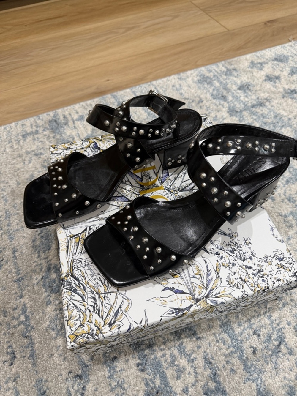 SCHUTZ Black Studded Block Heel Sandals